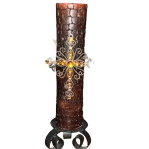 Detailed Sparkling Cross & Candle Decor with Metal Stand